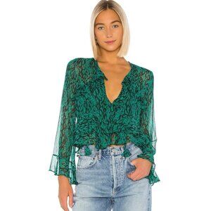 MISA Los Angeles Emerald green ruffled bell sleeve blouse Size Small